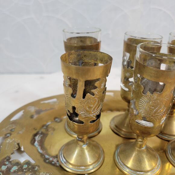 Vintage Mexican Cordial Set Brass Shot GlassesTray Embossed Overlayed Stamped - Picture 2 of 16